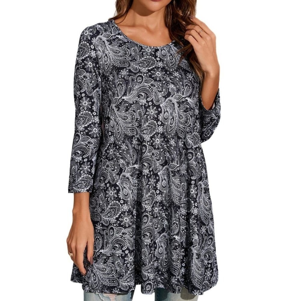 J. Jill Wearever Collection Black Floral Size M Round Neck Tunic 1466-AC